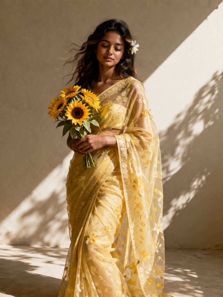 Result 3 for Yellow Saree with Sunflowers AI Prompt AI Photo Editing Prompt