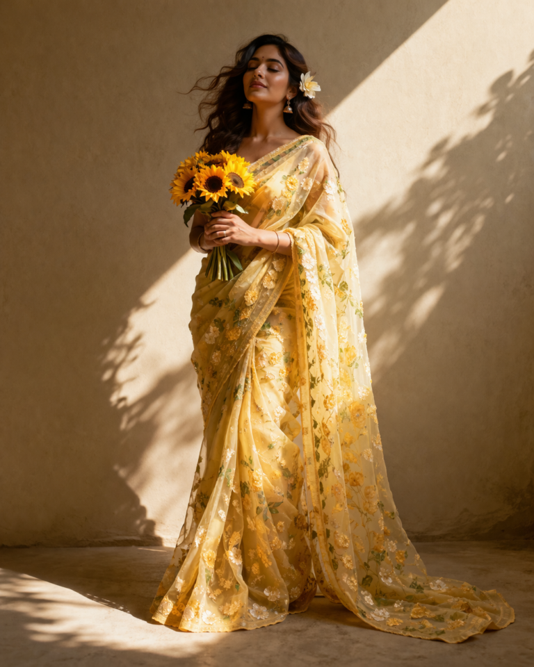 Result 2 for Yellow Saree with Sunflowers AI Prompt AI Photo Editing Prompt