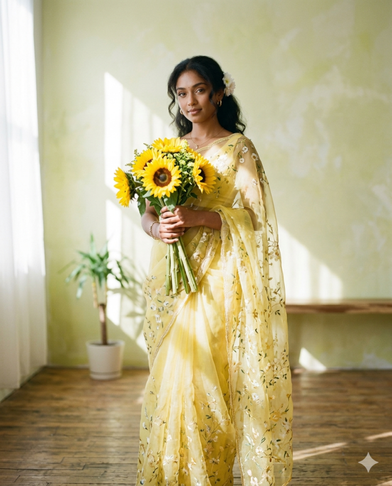 Result 1 for Yellow Saree with Sunflowers AI Prompt AI Photo Editing Prompt