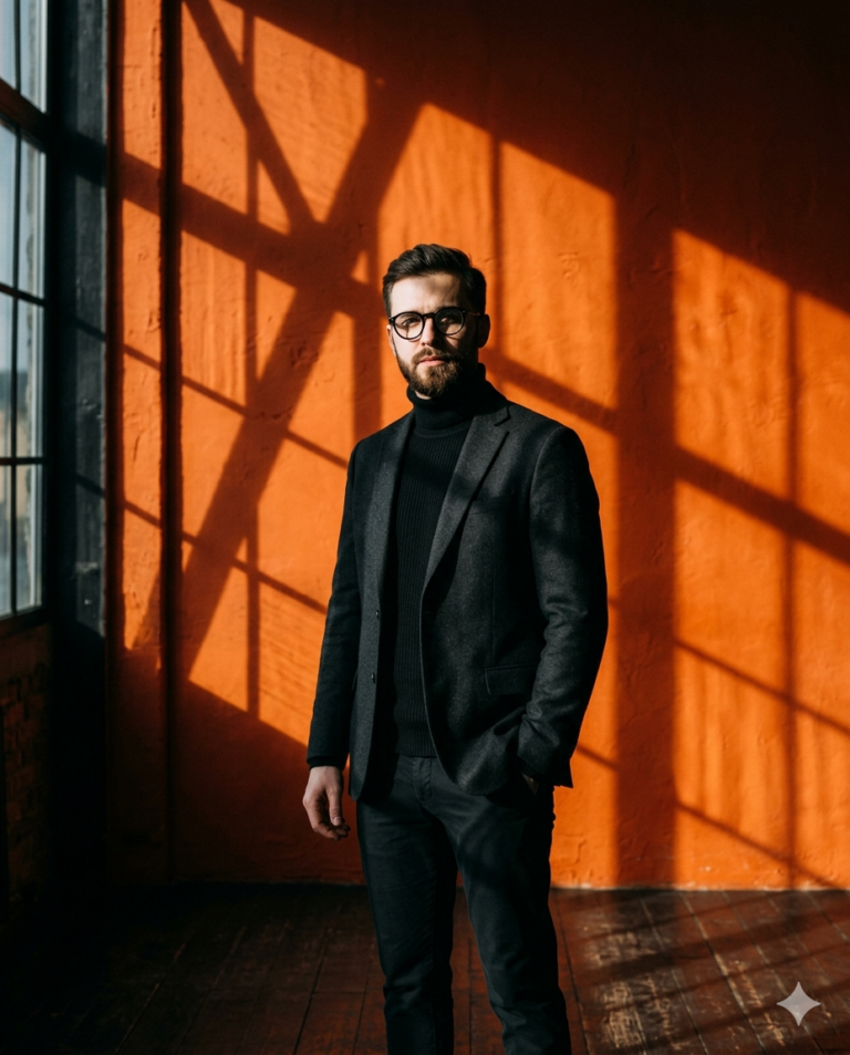 Result 1 for Man Portrait in Front of Orange Wall AI Prompt AI Photo Editing Prompt