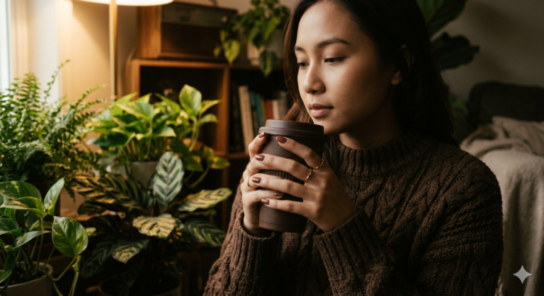 Result 1 for Pensive Woman Holding Coffee AI Prompt AI Photo Editing Prompt