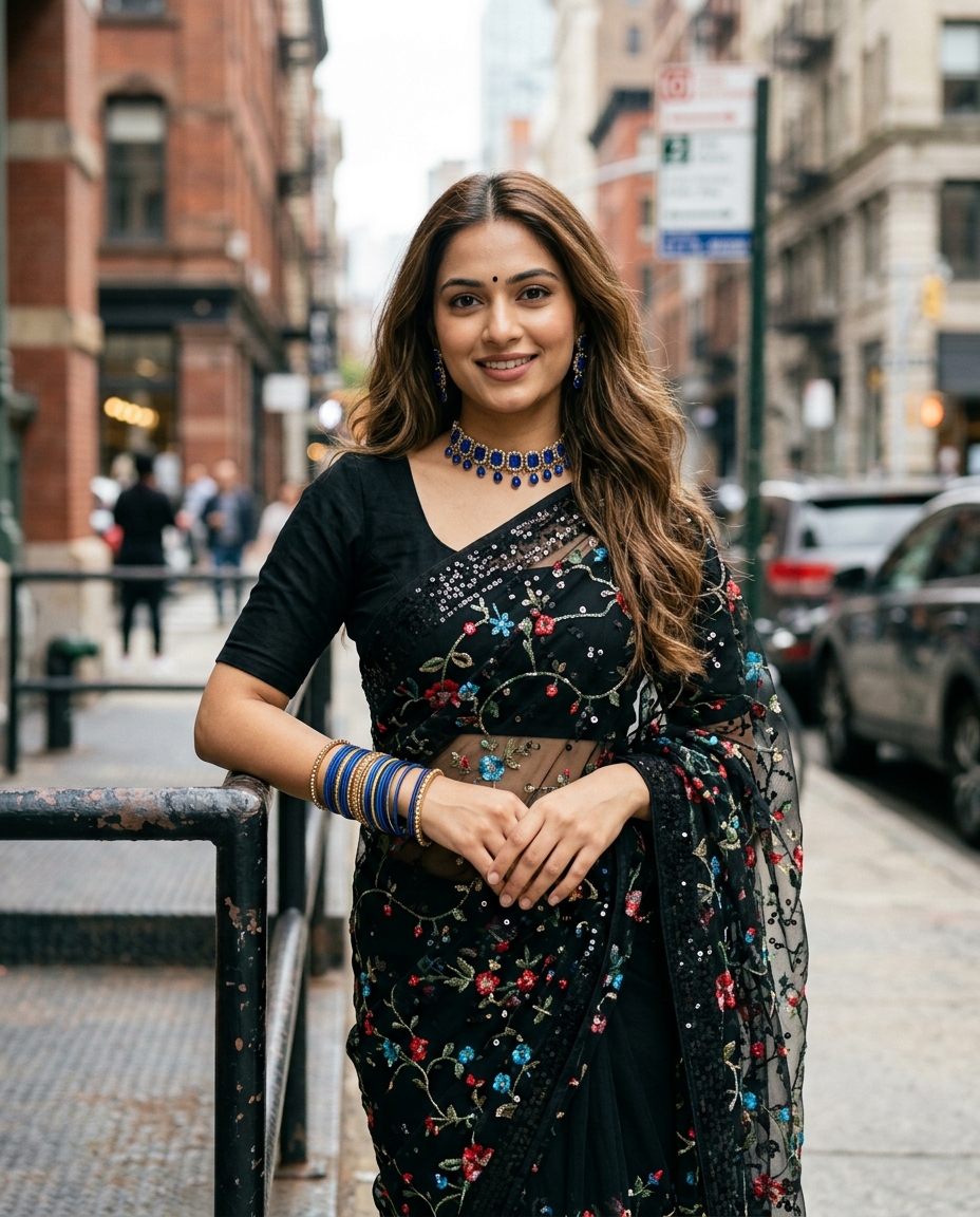 Result 1 for Black Saree with Floral Embroidery AI Photo Editing Prompt
