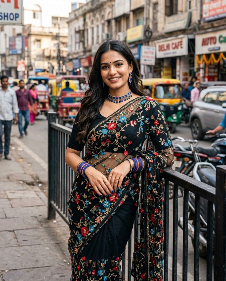 Result 2 for Black Saree with Floral Embroidery AI Photo Editing Prompt