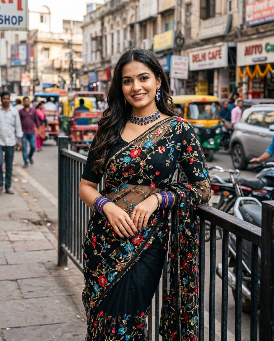 Result 2 for Black Saree with Floral Embroidery AI Photo Editing Prompt