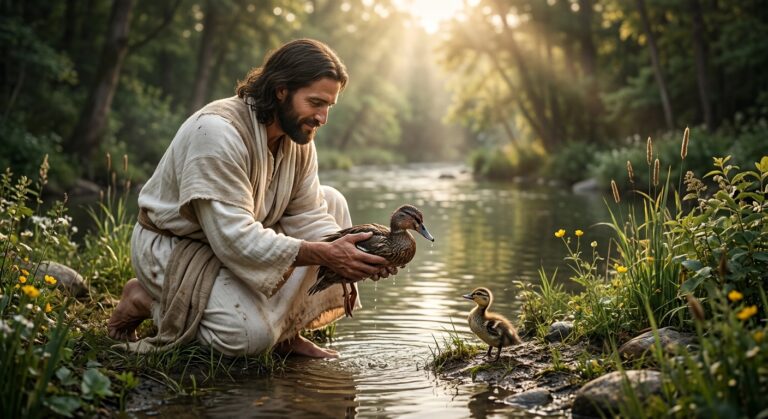 Result 1 for esus Saving a Duck and Duckling by the River – Ultra Realistic 4K AI Prompt AI Photo Editing Prompt