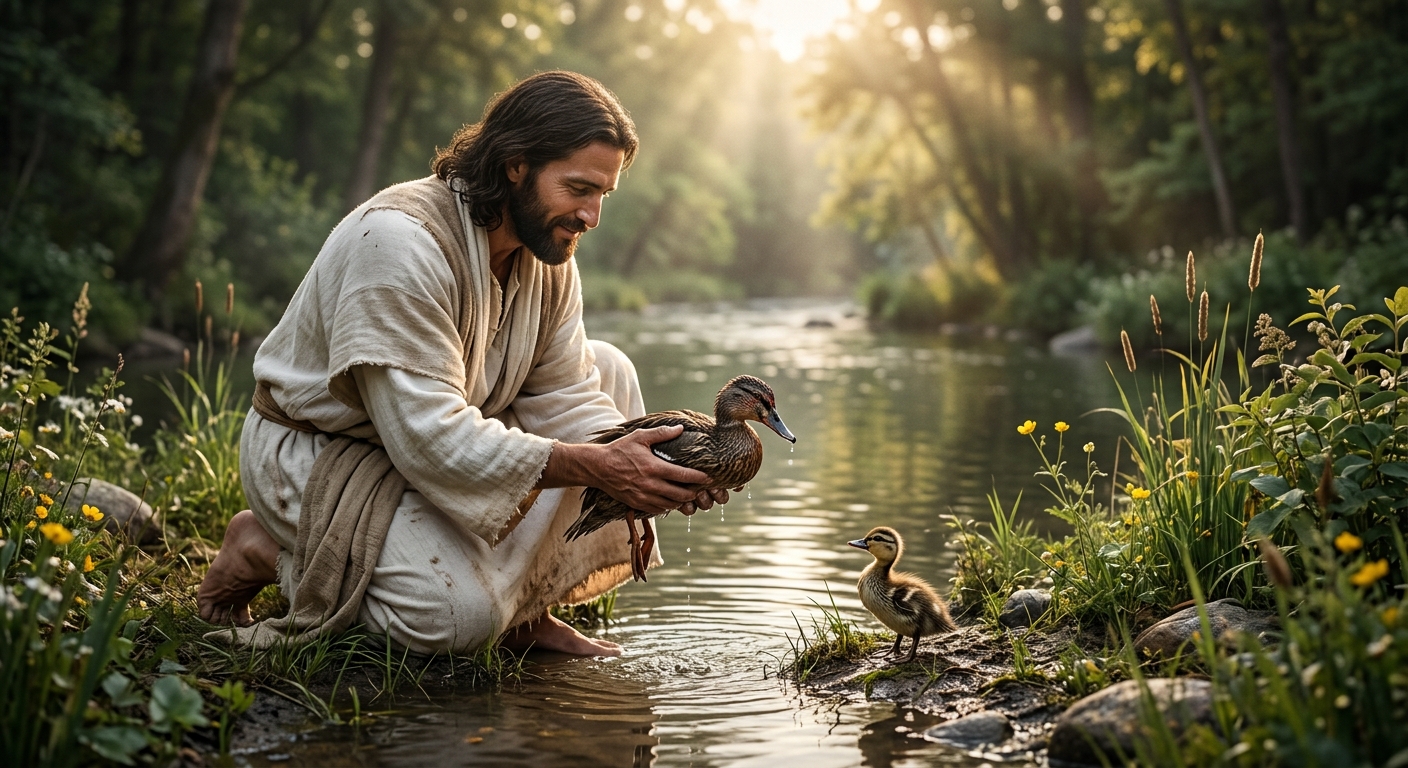 Result 1 for esus Saving a Duck and Duckling by the River – Ultra Realistic 4K AI Prompt AI Photo Editing Prompt